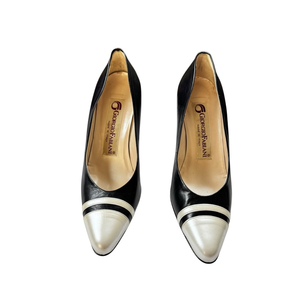 Giorgio Fabiani Black Leather Silver Cap Toe Pumps - Made in Italy - SZ:36 US 6